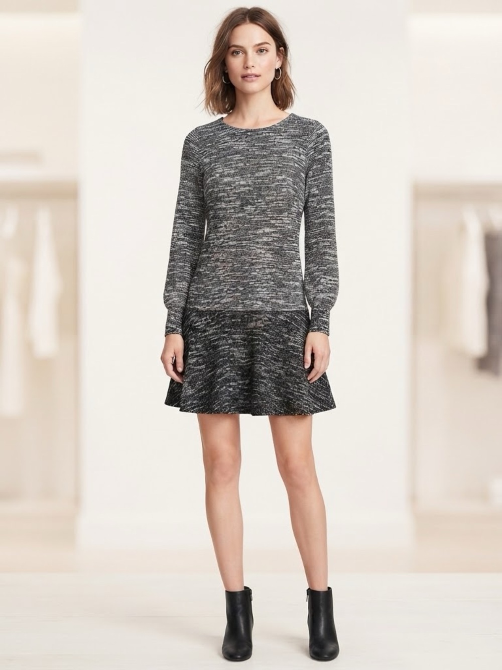 LOFT Marled Black and White Knit Mini Dress